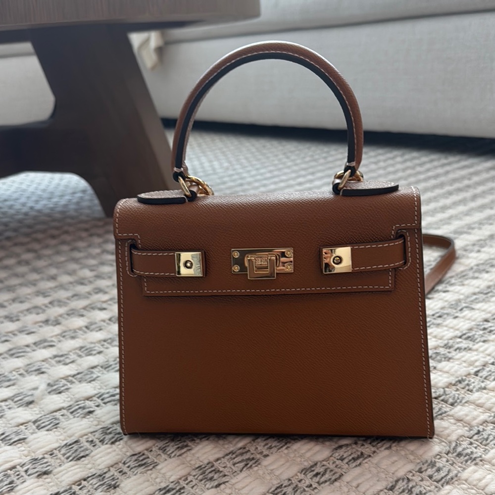 Lalage Beaumont Maya Midi Dolomite Pebble Print Handbag Purse in Tan